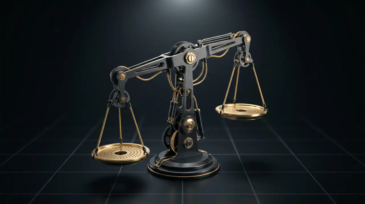 Black-and-gold rendering of a mechanical scales of justice