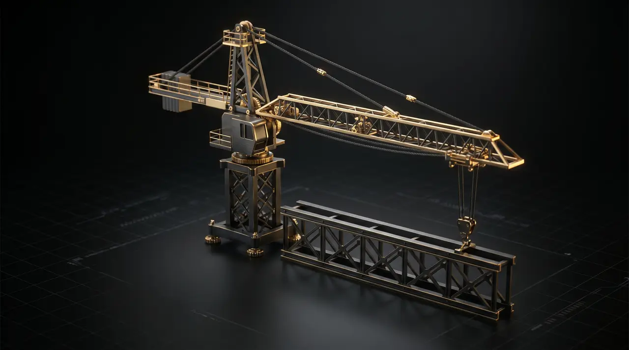Black-and-gold rendering of a tower crane lifting a steel truss
