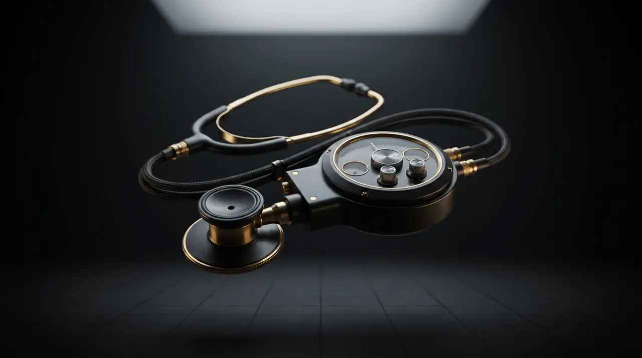 Black-and-gold rendering of a stethoscope joined to a dial gauge