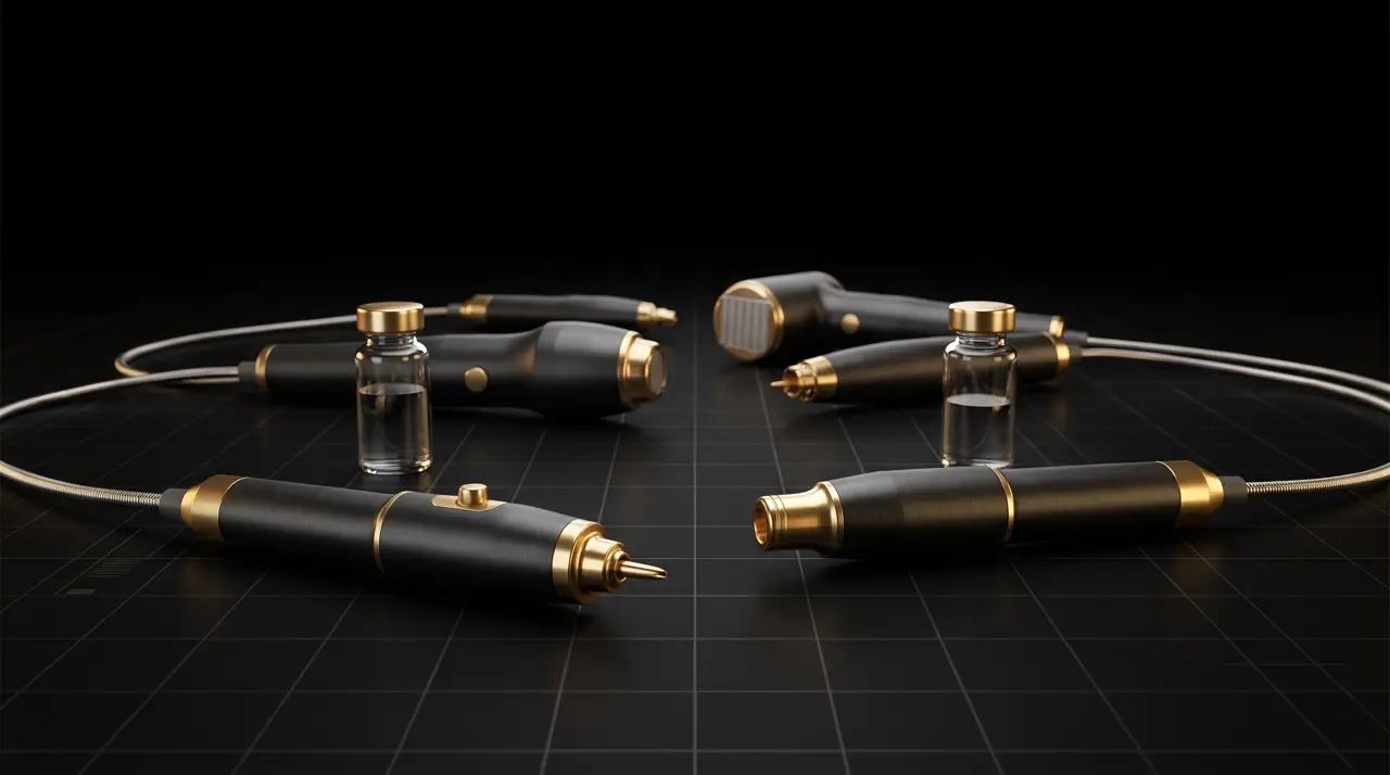 Black-and-gold rendering of aesthetic treatment handpieces and two vials