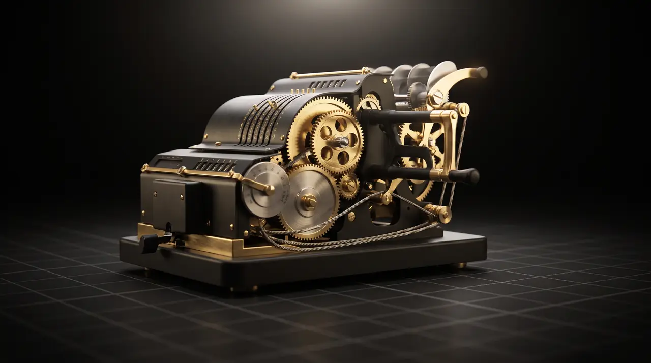 Black-and-gold rendering of a geared mechanical adding machine