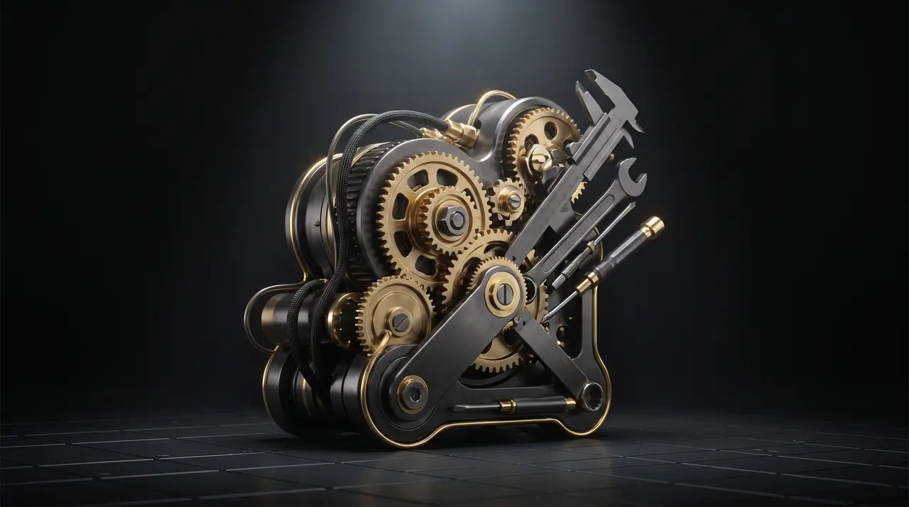 Black-and-gold rendering of a gear assembly with calipers and wrenches