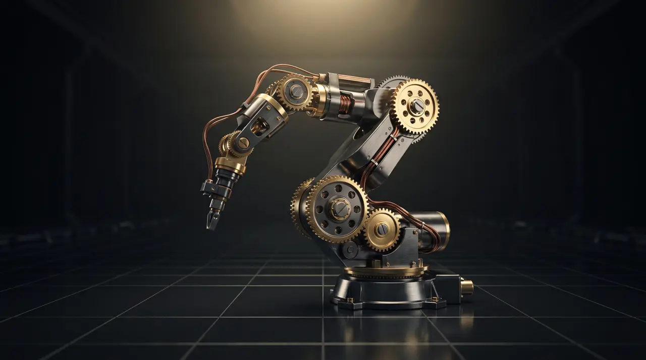 Black-and-gold rendering of a geared robotic arm