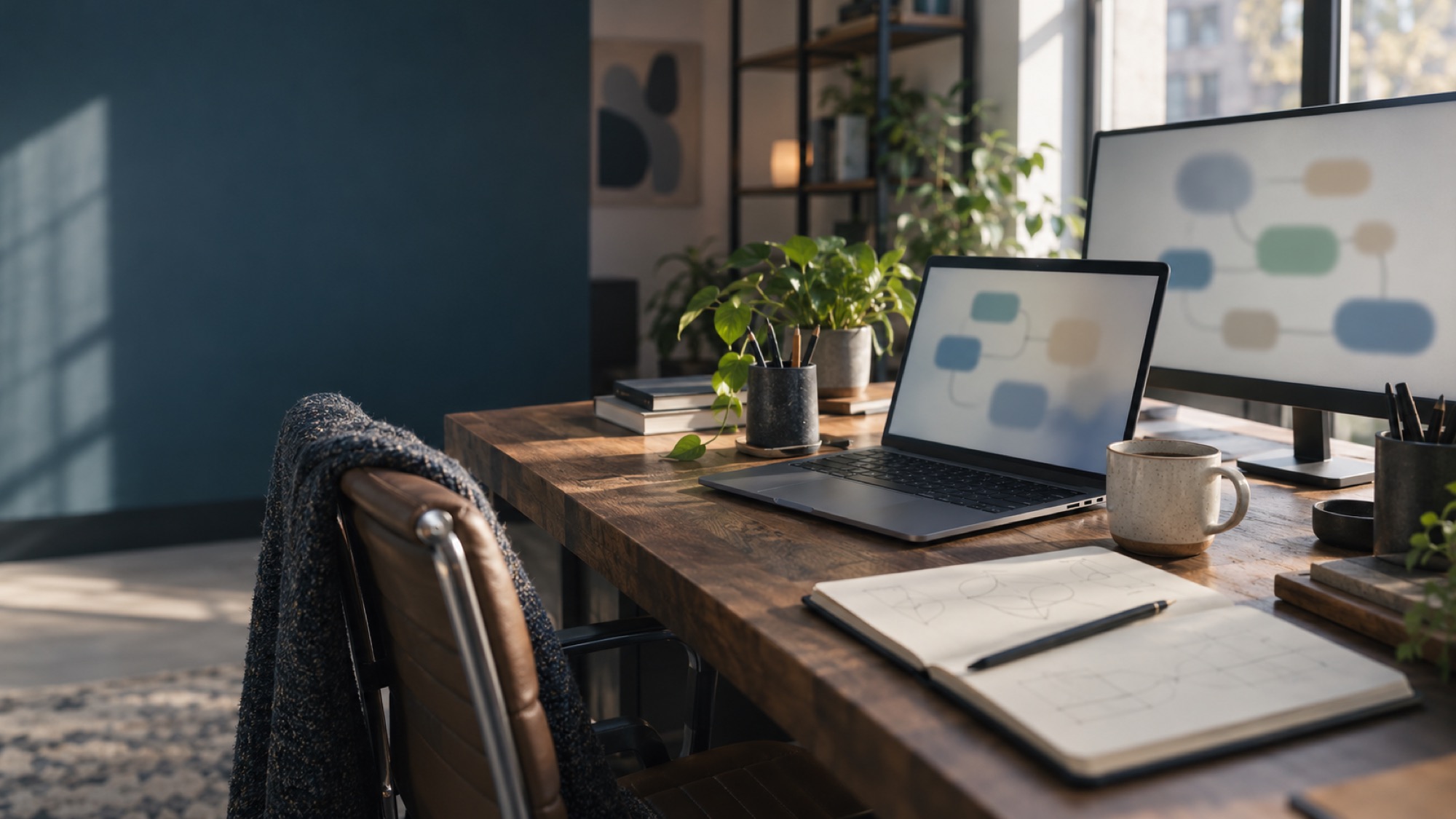 Illustrative photograph of a desk with a laptop, a monitor and an open notebook