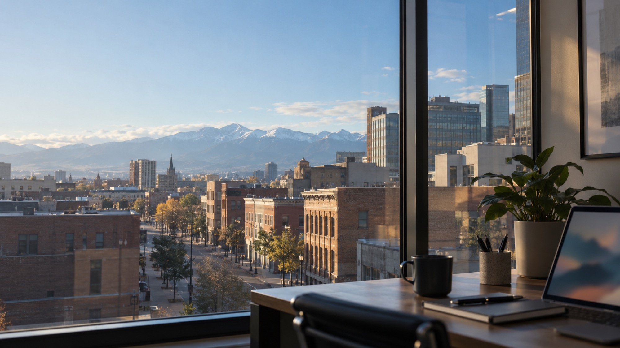 An illustrative photograph looking out an office window onto a Denver-like street