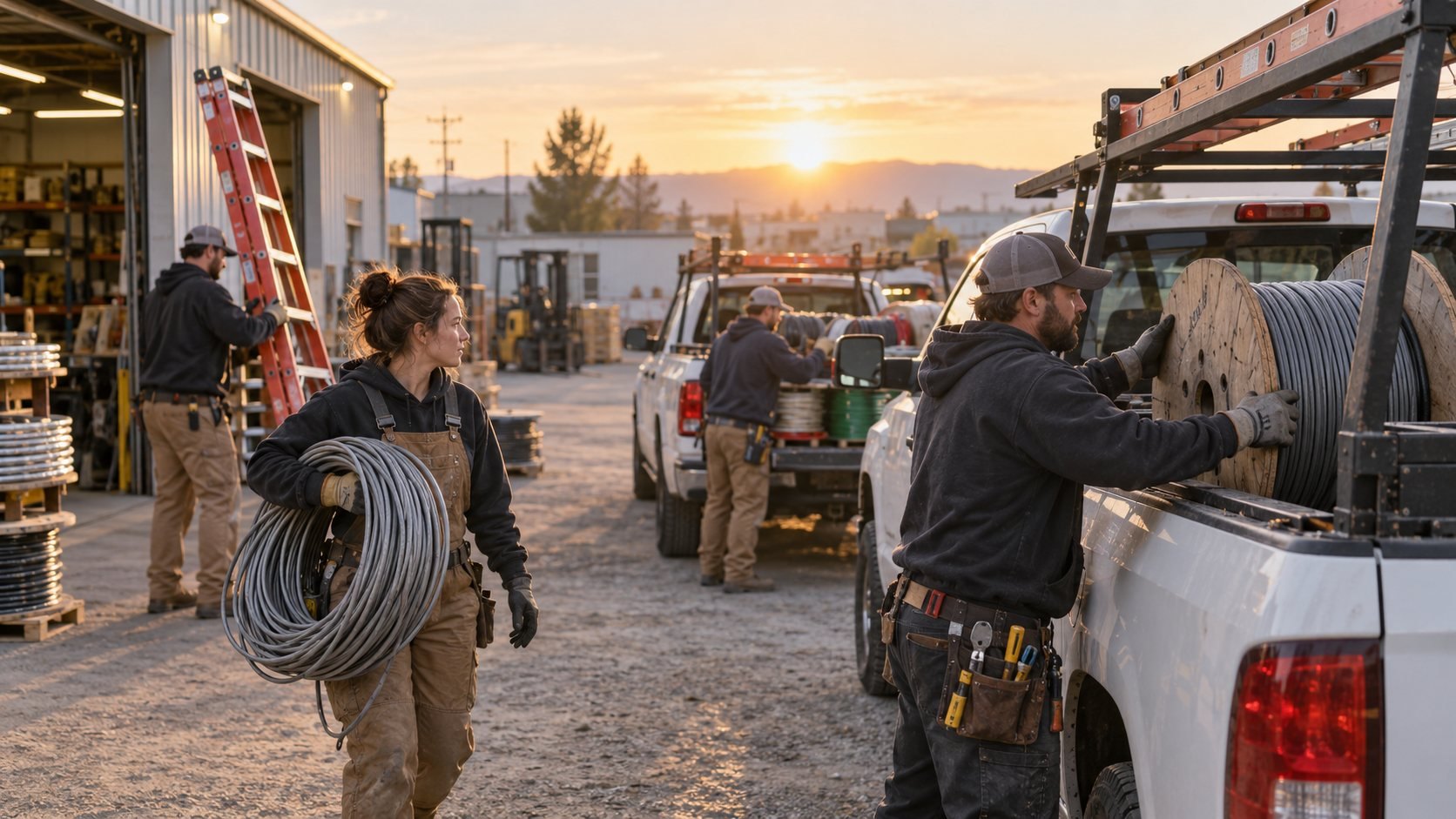 An electrical contractor crew and vans in a yard at the start of a day