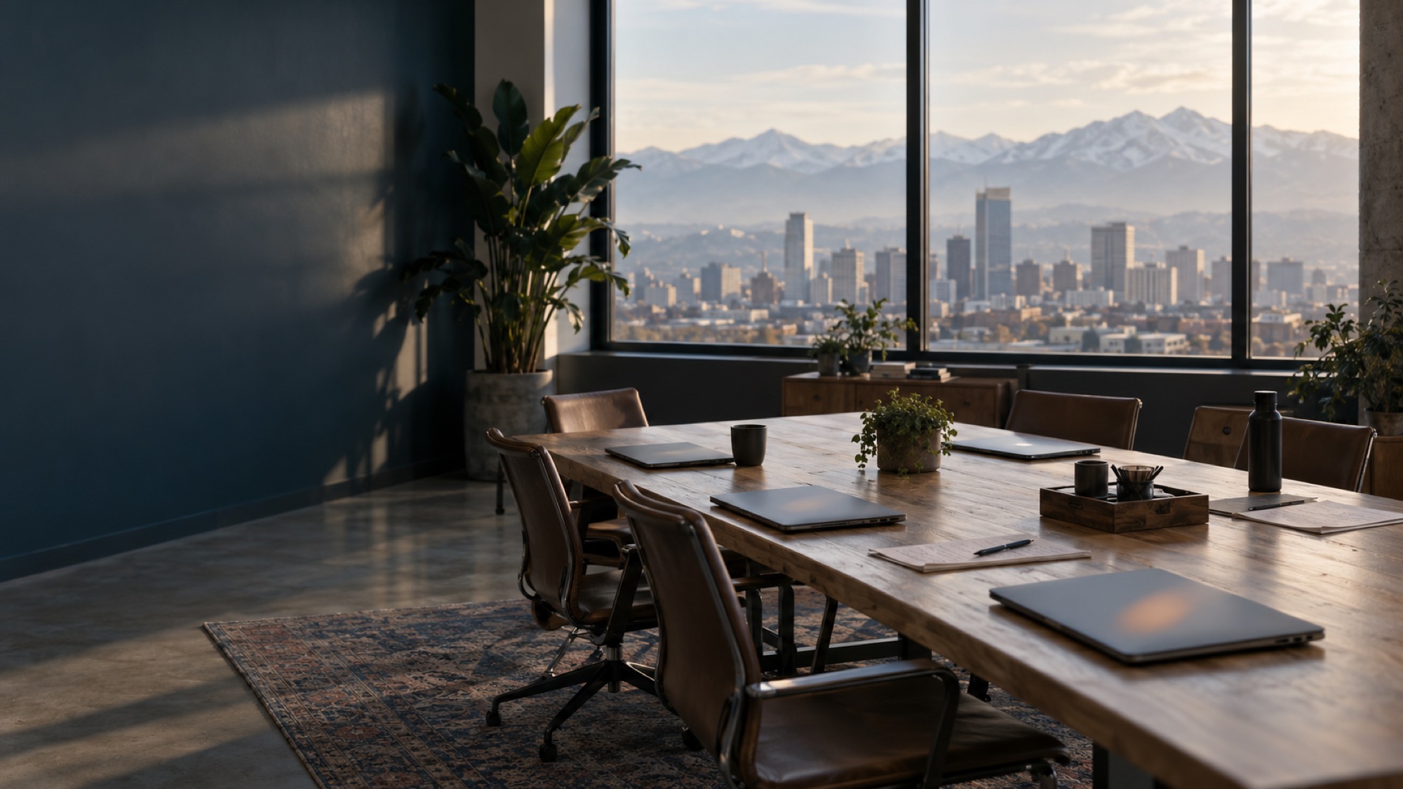 An illustrative photograph of a small Denver office at early morning