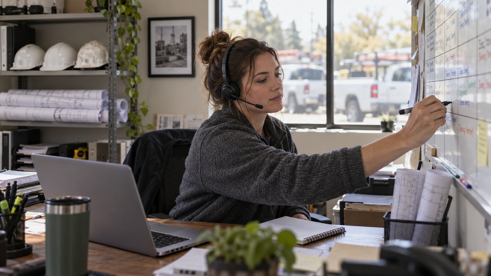 An office coordinator at a desk handling calls and job paperwork