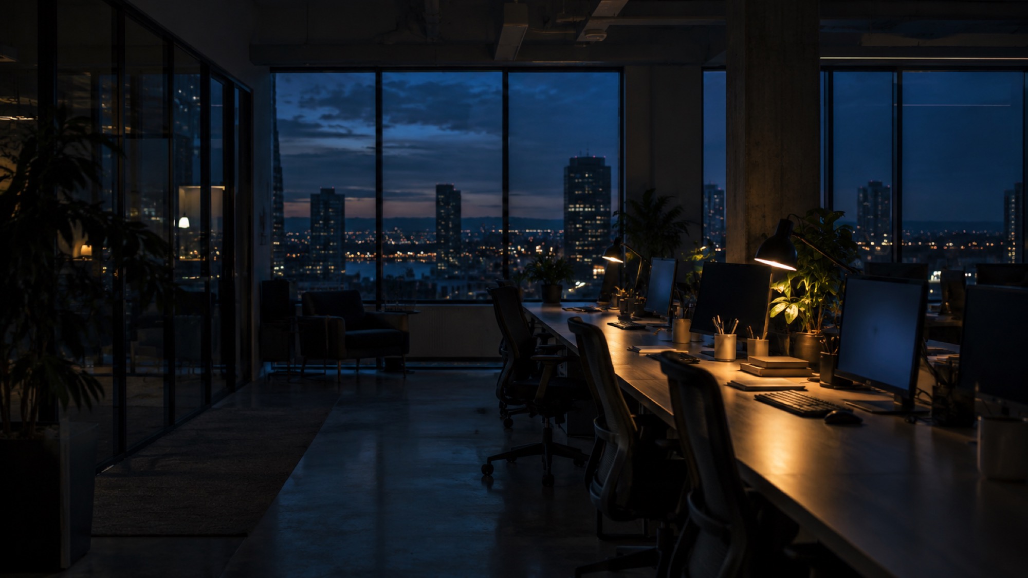 An illustrative photograph of an office at dusk with desk lamps on