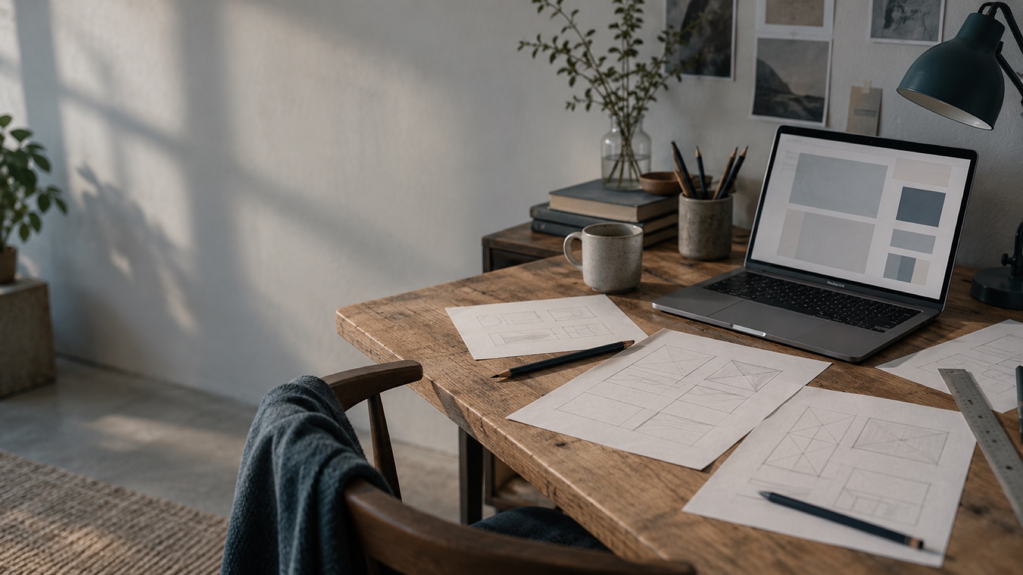 An illustrative photograph of a designer desk with wireframe sketches