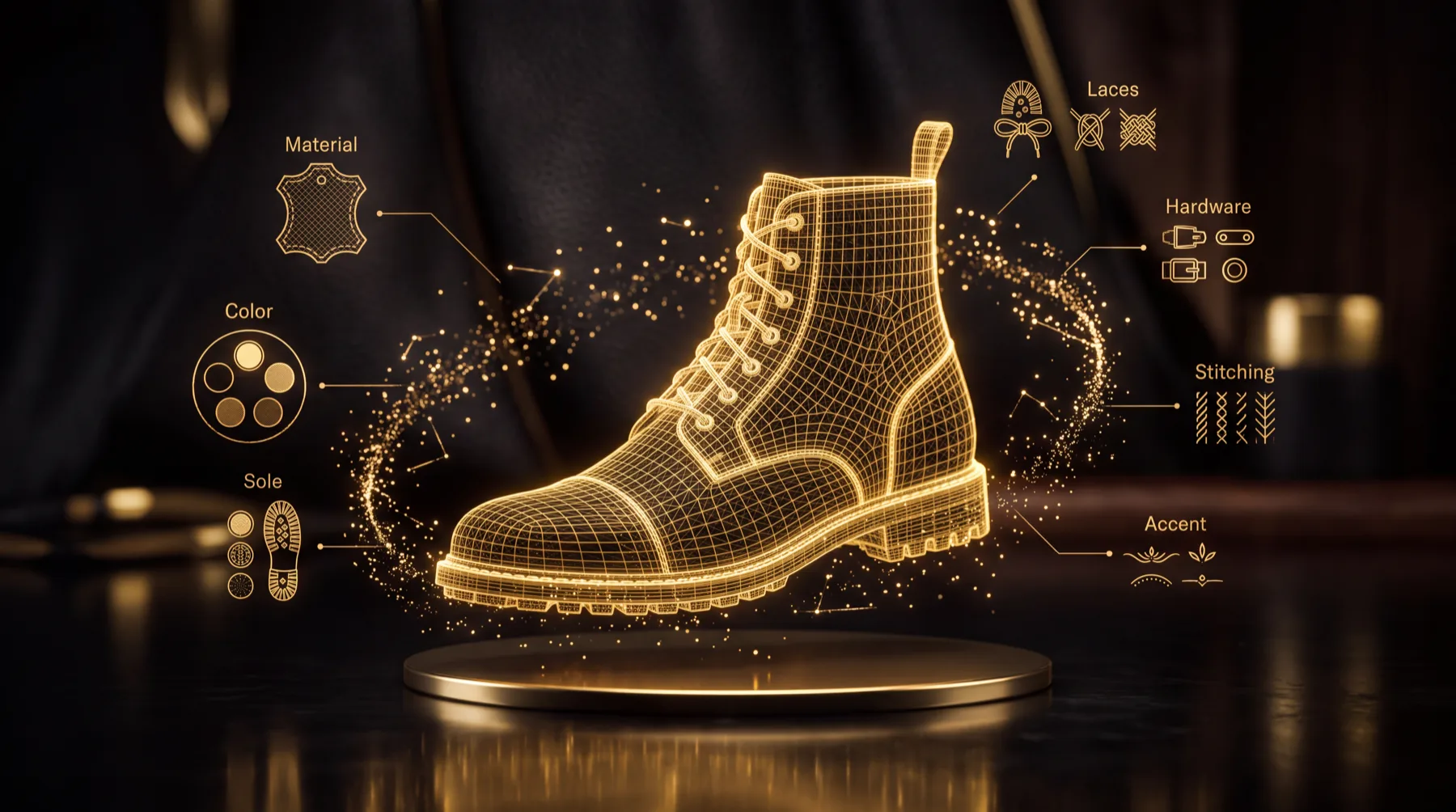 Wireframe render of a lace-up boot on a plinth, annotated with the configurator's seven adjustable axes: material, color, sole, laces, hardware, stitching, accent.
