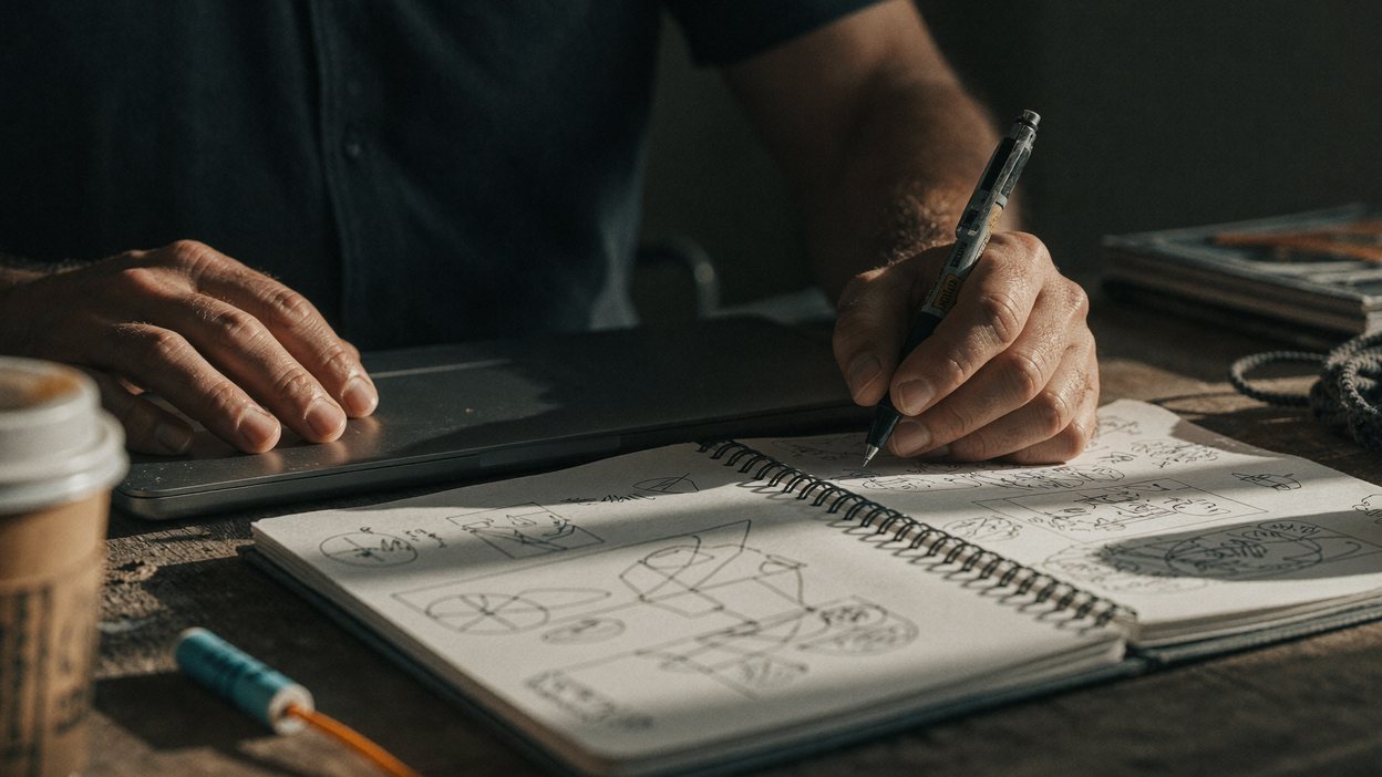 Close view of two hands at a table: one resting on a closed laptop, the other sketching boxes-and-arrows diagrams in a spiral notebook