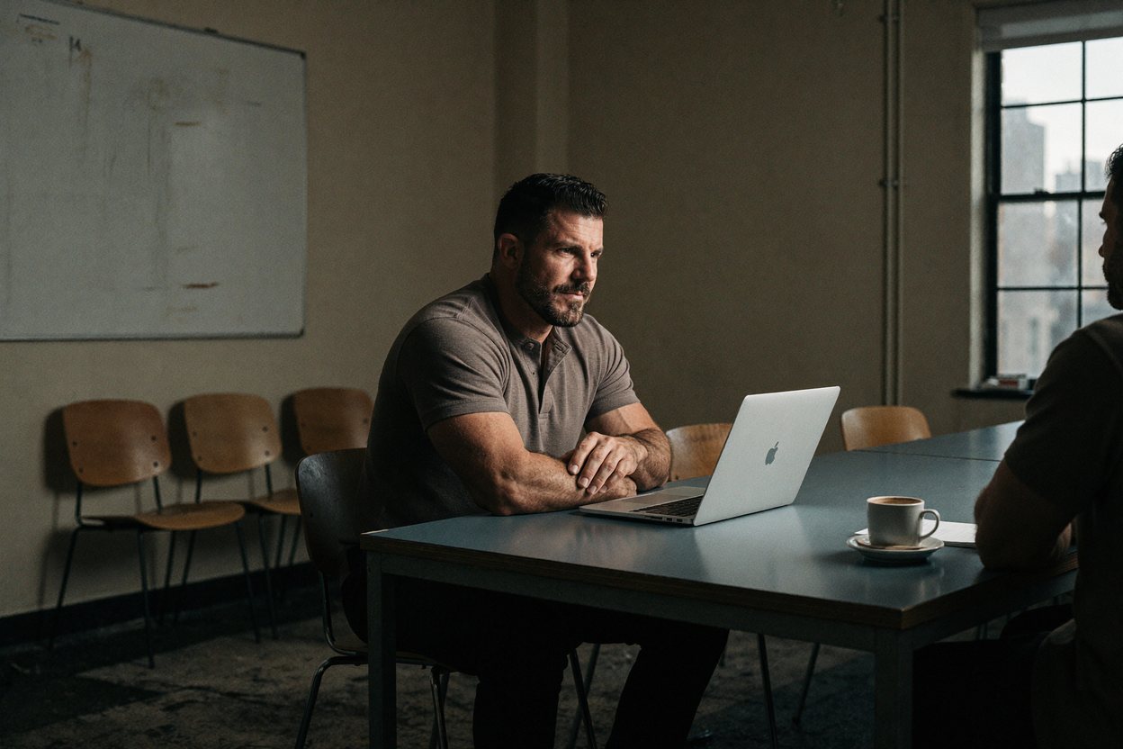 Mike Rodgers seated at a meeting-room table beside an open laptop, leaning forward mid-sentence toward someone off-frame