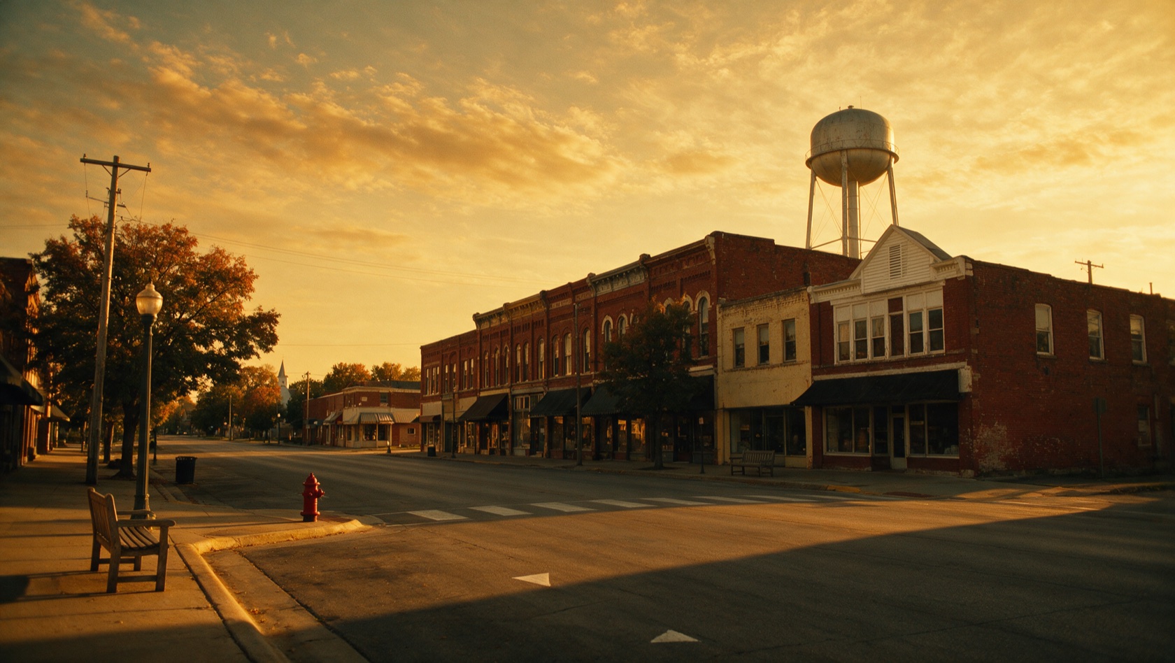 Oskaloosa, Iowa — the small-town main street at golden hour where Mike Rodgers grew up